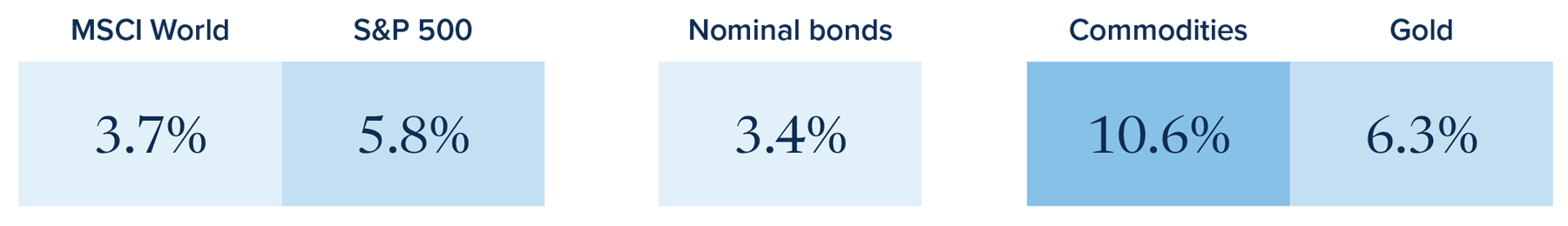 Annualized returns during inflationary periods from 1962 and 2025: MSCI World, 3.7%; S&P 500, 5.8%; Nominal bonds, 3.4%; commodities, 10.6%; gold, 6.3%.